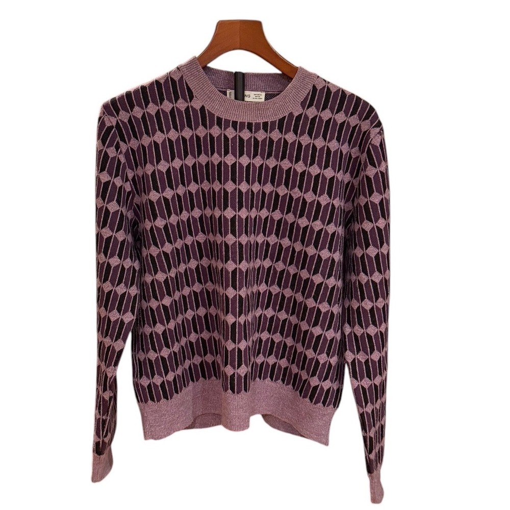 Mango MNG Womens XL Purple Black Geometric Diamond Knit Crewneck Sweater